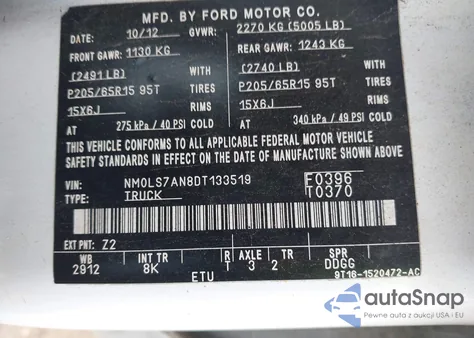 2013 Ford Transit Connect Xl z USA, uszkodzony, nr VIN NM0LS7AN8DT133519